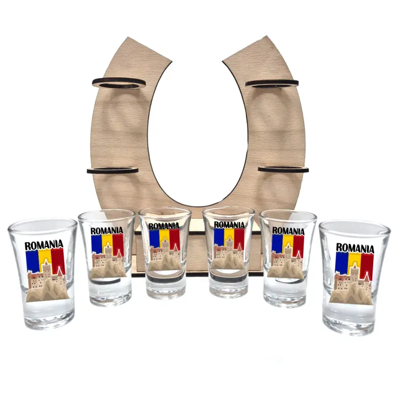 Castelul bran romania, suport potcoava din lemn cu 6 pahare tip shout, model hgs044